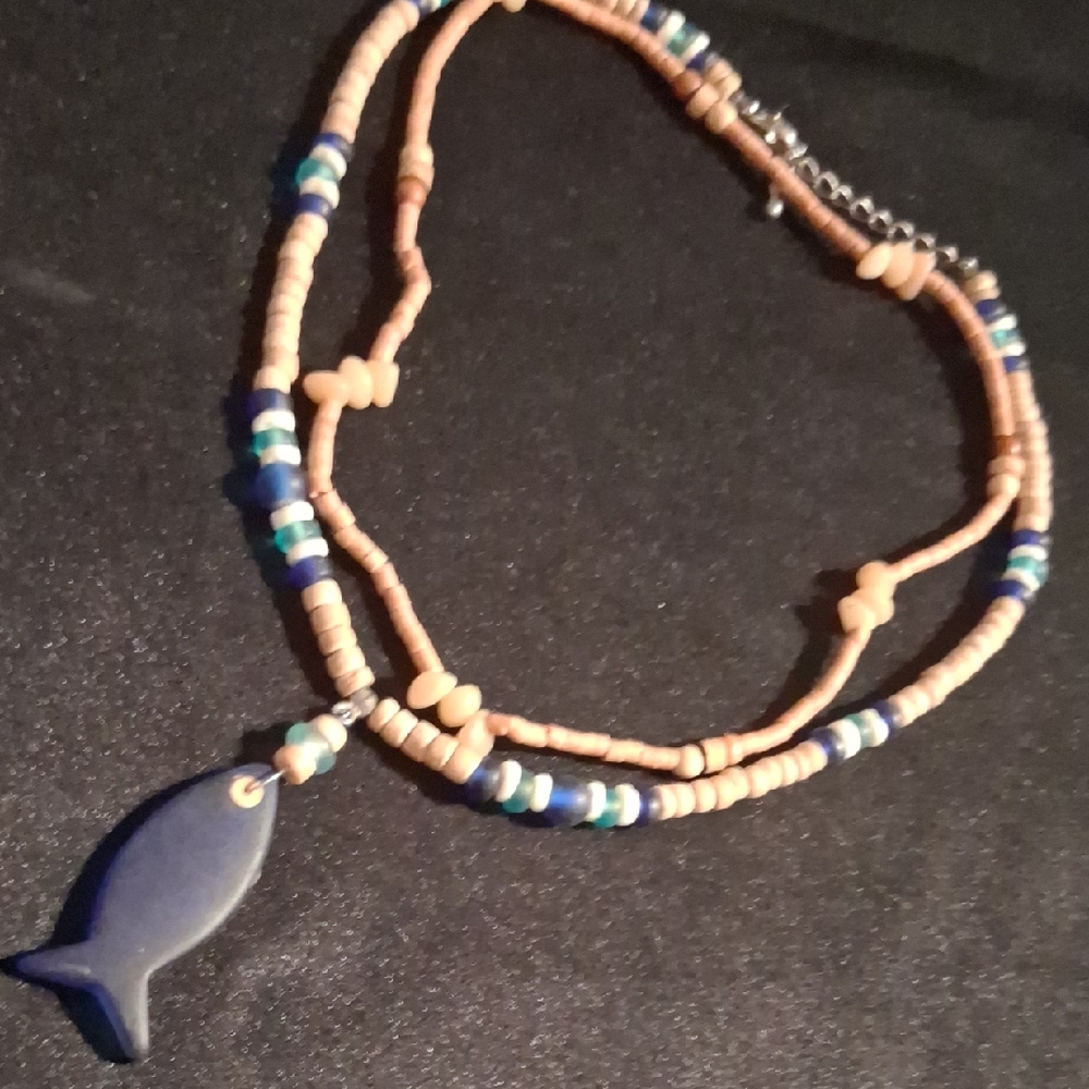 Wooden & Sea Glass Beaded Necklaces with Sea Glass Fish Pendant. 18 & 20 In Long